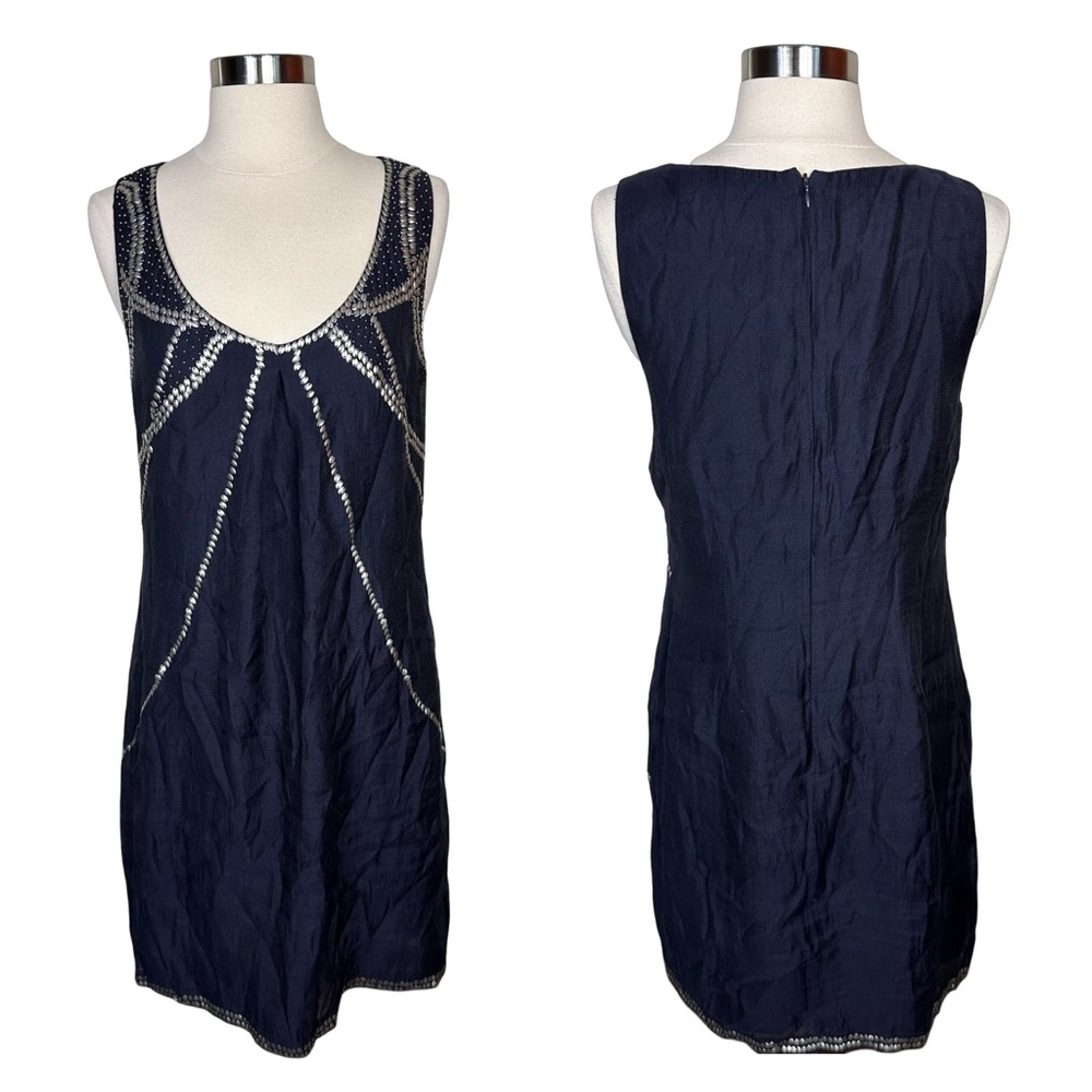 Suzi Chin For Maggy Boutique Navy Blue Beaded Scoop Neck Sleeveless Dress 8
